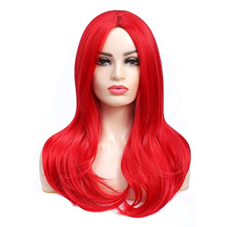 COSYMAY Long Red Wavy Wig Synthetic Wig With Wavy Ends 22'' Natural Wave Cosplay Wig For Women Heat Resistant Wigs