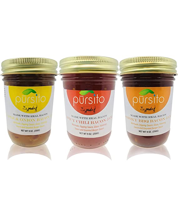 Pursito Homemade Bacon Jam Sampler Variety 3 Pack 9 Oz. Each - Maple Onion Bacon Jam, Spicy Chili Bacon Jam, & Smokey BBQ Bacon Jam Marinade for Burgers and Recipes No High Fructose Corn Syrup