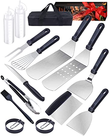 Ohuhu Griddle Accessories BBQ Grill Tool, 14 PCS Stainless Steel Flat Top Grilling Tool Set, Cook Spatula Utensils Kit with Long Spatula Chopper Scraper Egg Mold in Portable Bag for Outdoor Camping