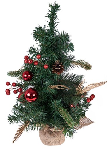 Tabletop Christmas Tree by Clever Creations | Decorated with Red Ornaments, Berries, Pinecones and Burlap | Festive Holiday Décor | Classic Theme | Lightweight Shatter Resistant | 20" Tall