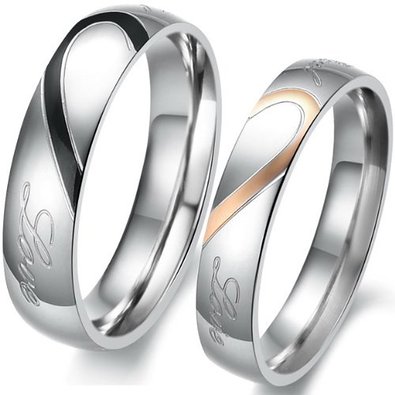 JewelryWe Matching Mens & Womens Heart Shape Stainless Steel "Real Love" Promise Ring Set Couples Engagement Wedding Bands, 2pcs (with Gift Bag). Please Email Sizes