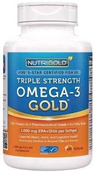 #1 Omega 3 Fish Oil Capsules - Triple Strength Omega 3 GOLD - 1250mg, 180 Softgels (Contains 1,060 mg of Omega 3 per Softgel) (Pharmaceutical Grade) (1000mg EPA   DHA)