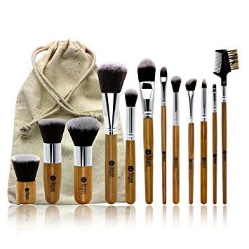 FEIYAN Makeup Brushes Set Professional Bamboo Handle Brush Premium Goat Hair Kabuki Foundation Cosmetics Brushes Kit With Bag (12 pcs, Yellow)