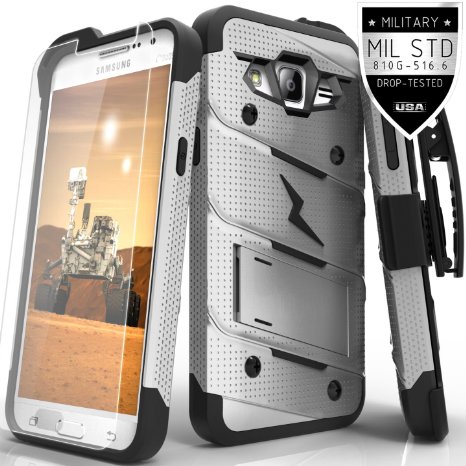 Zizo Dual-Layered Slim Armor Kickstand Holster Clip Military Grade Case with Tempered Glass Screen Protector for Samsung Galaxy Grand Prime - GrayBlack