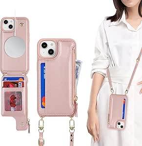 for iPhone 15 case with Credit Card Holder Phone Lanyard mag Safe for Women, fits iP15 Phone Leather Case with Zipper Wallet Compatible Wallet Case-Pink