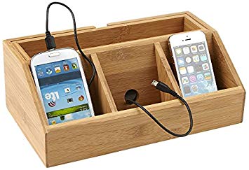 Mind Reader Bamboo Charging Station, Desk Supplies Organizer, 3 Compartment, Removable Tray, Brown