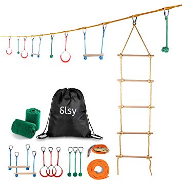 Slsy Ninja Line Obstacle Course for Kids, 40ft Slackline Hanging Monkey Bar with Climbing Ladder, Kids Warrior Training Equipment 440lb Capacity