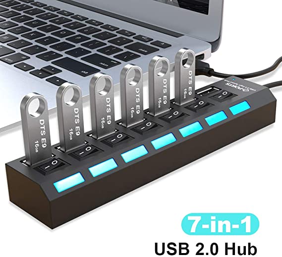 7-Port USB Hub USB 2.0 Hub Data Transfer with Individual Switches Indicator Lights for PC Laptop (Black-2)