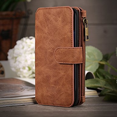 Galaxy S7 Case, S7 Wallet Case, iNNEXT [Card Slot] Genuine PU Leather Wallet Cover Case, Zipper Wallet Card Multifunction, Magnet Wallet Credit Card Holder Flip Case for Samsung Galaxy S7 (Brown)