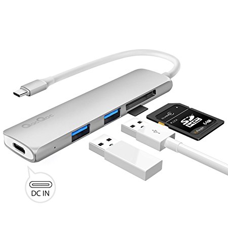 GN22A Slim Aluminum USB-C Hub, High-Speed 5-in-1 USB 3.1 Type-C USB Hub for Macbook with Type-C Charging Port, 2 USB 3.0 Ports and SD   Micro SD Card Reader (Silver)