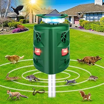 Ultrasonic Solar Animal Repeller, 360°Ultrasonic Cat Deterrent Outdoor, USB/Solar Powered Repellent, Motion Sensor & Flashing Light, Repel Dogs, Fox, Raccoon, Rabbit, Squirrels, Coyote Deterrent