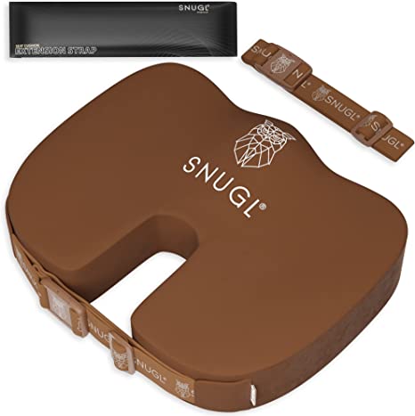 SNUGL Coccyx Cushion with Strap - Seat Cushion for Sciatica, Tailbone, Back, Hip Pain - Orthopedic Pressure Relief Memory Foam Support Pillow for Gaming, Office Chair, Car Seat or Wheelchair (Brown)