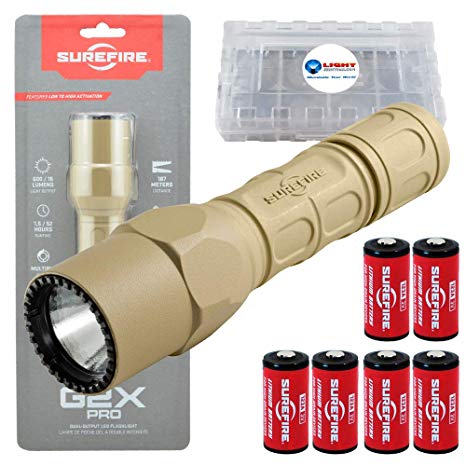 SureFire G2X Pro 600 Lumen Tactical EDC Flashlight Bundle with 4 Extra CR123A Batteries and Lightjunction Battery Case (Tan)