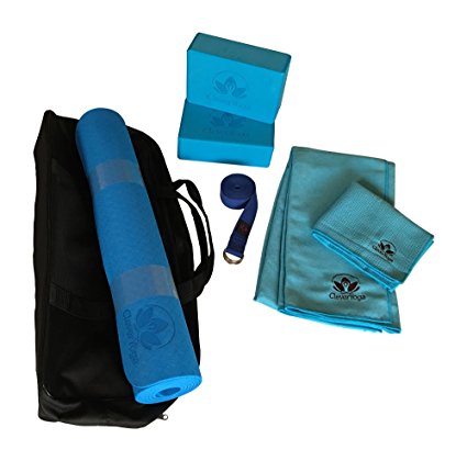Clever Yoga Kit 7-Piece Set Bundle Including Ultra Thick 6mm TPE Mat, 2 Blocks, 8 Foot Yoga Strap, 1 Hand Towel, 1 Large Mat Towel and Extra Large Carrying Bag (Multiple Colors)