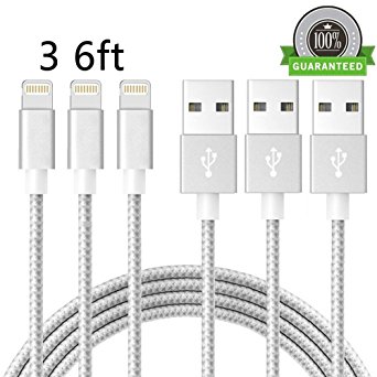 JINGJIA iPhone Charger,3Pack 6FT Extra Long High Speed Nylon Braided iPhone Cable Lightning Cord for iPhone 7/7 Plus/6/6 Plus/6S/6S Plus,SE/5S/5,iPad,iPod Nano 7 (Silver Grey）