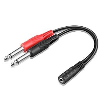 TNP 3.5mm TRS to 2 Dual 1/4 Inch TS Stereo Audio Breakout Cable Adapter - 3.5mm 1/8" Female to 1/4" 6.35mm Mono TS Male Headphone Jack Plug Y Splitter Cable Combiner Connector Wire Cord 20cm/8inch