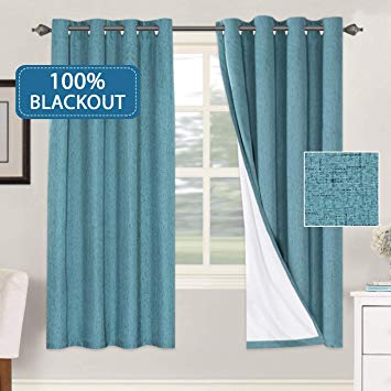 H.VERSAILTEX Functional 100% Blackout Curtain with White Liner for Bedroom Primitive Linen Look Curtains 2 Panels Thermal Insulated Curtains for Living Room (52 x 72 Inches, Teal)