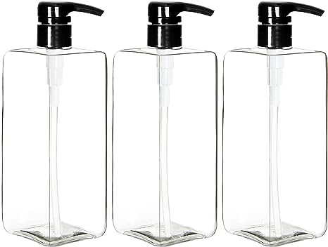 Youngever 3 Pack Pump Bottles for Shampoo 24 Ounce, Empty Shampoo Pump Bottles, Plastic Square with Lockdown-Leak Proof-Pumps (Clear)