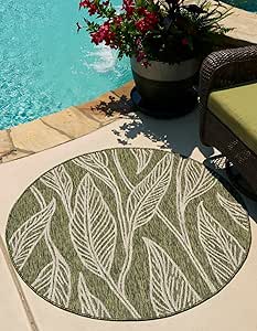 Unique Loom Outdoor Botanical Collection Area Rug - Leaf (7' 10" Round Green/Ivory)