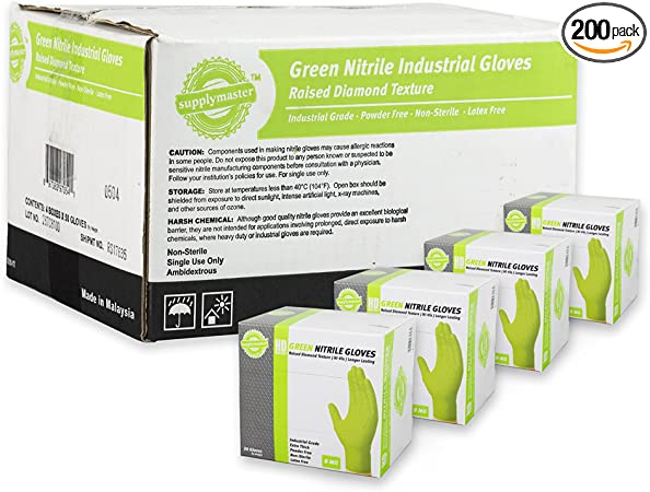 SupplyMaster Green Nitrile Industrial Disposable Gloves - 8 Mil, Raised Diamond Texture, Powder Free, Non-Sterile, Latex Free, Ambidextrous, XXLarge, Case of 200