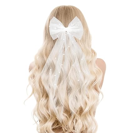 Bridal Pearl Hair Bow Veil Bridesmaid Large Hair Bow Wedding Veil with Barrette Bachelorette Party Decorations Bridal Bridesmaid Gift (White)