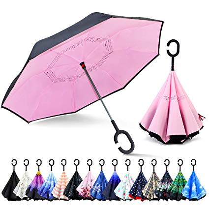 ZOMAKE Double Layer Inverted Umbrellas for Women, Reverse Folding Umbrella Windproof UV Protection Big Straight Umbrella for Car Rain Outdoor with C-Shaped Handle