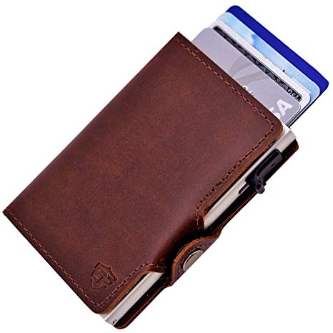 Card Blocr Credit Card Wallet | Best Minimalist Wallet | RFID Blocking (Distressed Brown Leather & Silver)