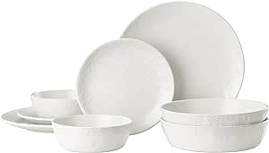 Navaris Linen Artisan Dinnerware Set (8 Pieces) - Plate and Bowl Set for 2 People with Dinner Plates, Side Plates, Pasta Bowls, and Soup Bowls - Linen White