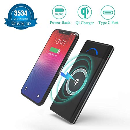 Wireless Power Bank, External Battery 10,000mAh Portable Wireless Charger Qi Compatible for iPhone Samsung Galaxy All Qi-Enabled Devices, Type C Port LCD Screen