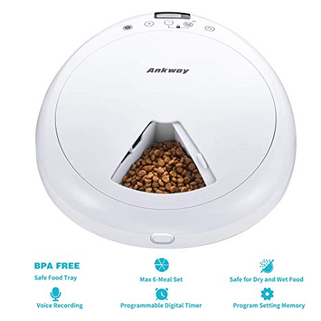 Ankway Automatic Pet Feeders, 6-Meal Dog and Cat Feeder with Programmable Digital Timer and Music, Portion Control & Voice Recording, Dry or Semi-Moist Puppy/Kitten/Bunny Food Dispenser