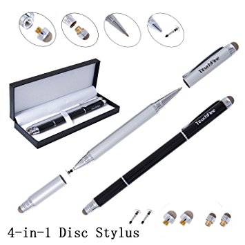 Stylus,TouchFine(TM) 4-in-1 Fine Point Replaceable Precision Disc Stylus(2Pcs) with 2 Replaceable Disc Tips, 4 Replaceable Fiber Tips-Black/Silver