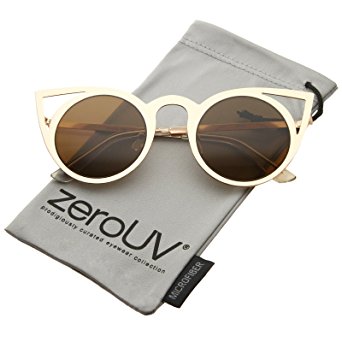 zeroUV - Womens Fashion Round Metal Cut-Out Flash Mirror Lens Cat Eye Sunglasses