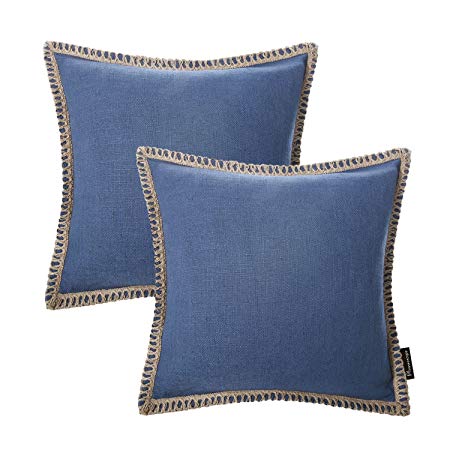 PHANTOSCOPE Decorative Farmhouse Serious Set of 2 Navy Blue Linen Trimmed Throw Pillow Case Cushion Cover 18 x 18 inch 45 x 45 cm