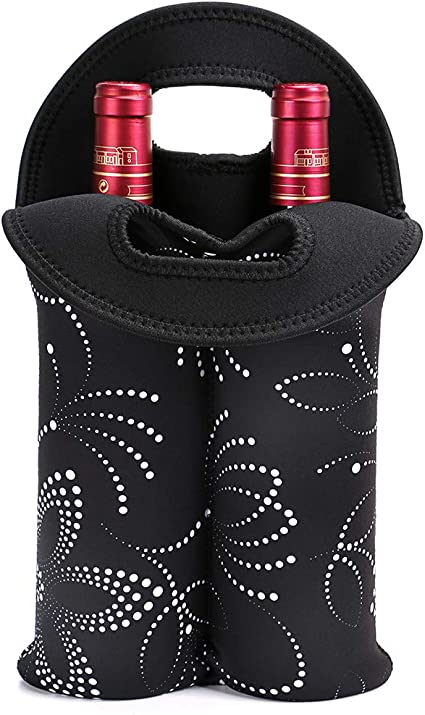 Hipiwe Wine Carrier Tote Bag Two Bottle Insulated Neoprene Wine/Water Bottle Holder for Travel with Secure Carry Handle (Black)