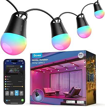 Govee Smart Outdoor String Lights 2, 96ft RGBIC Outdoor Lights with Dimmable Warm White LED Bulbs, 47 Scene Modes for Patio, Backyard, IP65 Waterproof, Works with Alexa, App Control