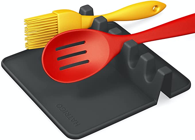 Silicone Spoon Rest Holder for Stove Top, Silicon Utensil Rests for Kitchen Countertop, Large Heat Resistant Spatula Spoon Reat for Cooking with 5 Slots with Drip Pad BBQ Utensil Holder (Black)