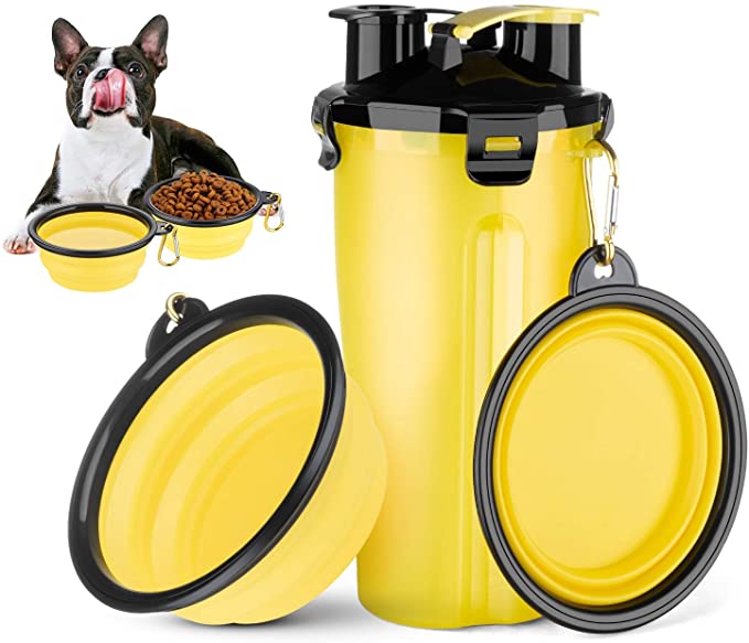HETH Dog Travel Water Bottle, 2 in 1 Portable Dog Water Dispenser and Food Container with 2 Collapsible Bowls for Your Pets Walking and Traveling