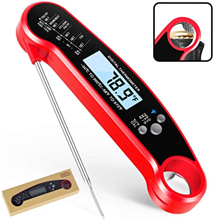Instant Palytte Read Meat Thermometer - Best Waterproof Ultra Fast Thermometer with Backlight & Calibration. Kizen Digital Food Thermometer for Kitchen, Outdoor Cooking, BBQ, and Grill! (Red)