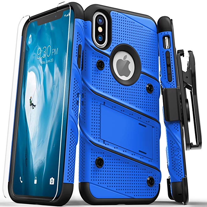 Zizo Bolt Series Compatible with iPhone Xs Max case Military Grade Drop Tested with Tempered Glass Screen Protector, Holster, Kickstand Blue Black