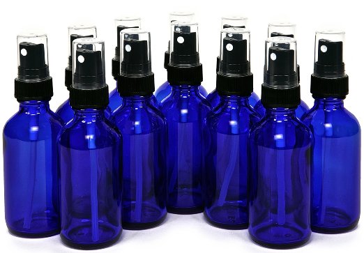 12 New, High Quality, 2 oz Cobalt Blue Glass Bottles, with Black Fine Mist Sprayers