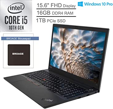 2020 Lenovo ThinkPad E15 15.6" FHD Business Laptop Computer, 10th Gen Intel Quad-Core i5 10210U Up to 4.2GHz (Beats i7-7500U), 16GB DDR4 RAM, 1TB PCIe SSD, Black, Windows 10 Pro, BROAGE Mouse Pad