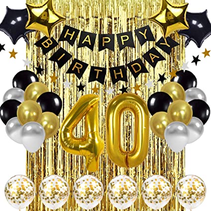 Black and Gold 40th Birthday Decorations Banner Balloon, Happy Birthday Banner, 40th Gold Foil Balloons, Number 40 Birthday Balloons, 40 Years Old Birthday Decoration Supplies