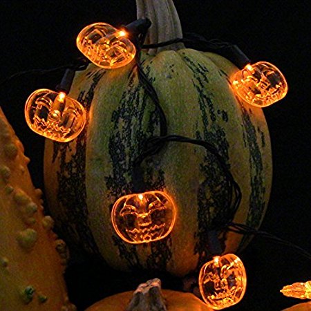 Halloween LED String Light Set with 15 Large Pumpkin Ornaments - 2" Diameter Each, 8 Ft Long - Battery Operated