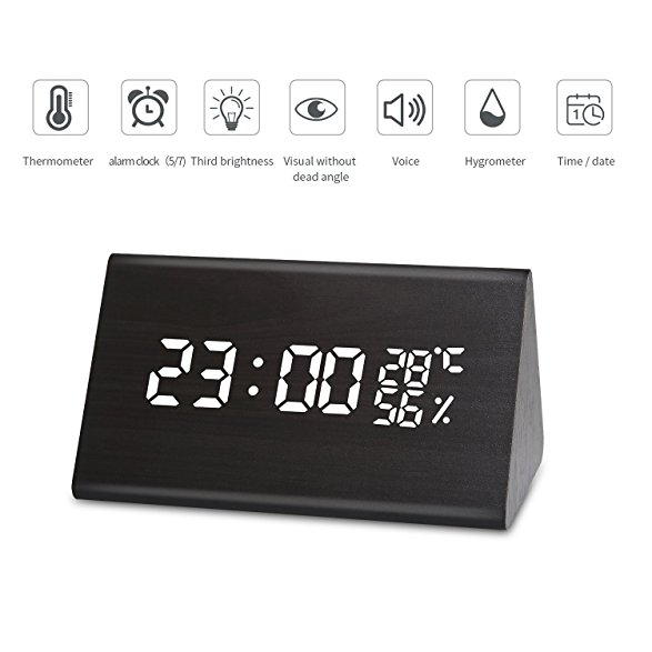 Alarm clock Wooden triangle digital desk alarm clock，3 Levels Adjustable Brightness 3 Groups of Alarm Time, Voice Control and Display Time, Date, Temperature and Humidity for Home