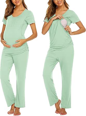 Ekouaer Women's Maternity Nursing Pajamas Set Breastfeeding Sleepwear Double Layer Short Sleeve Top & Pants Pregnancy PJS