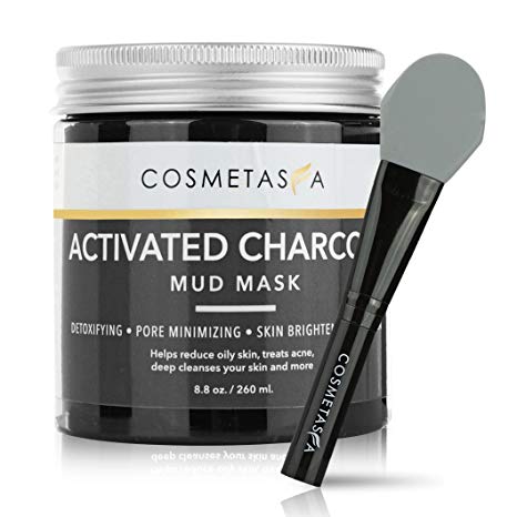 Activated Charcoal Mud Mask with- Premium, Silicone Mask Brush, 8.8 oz Fights Acne, Blackhead Remover and Pore Refining Mask for Detoxing and Cleansing :: Paraben and Sulfate Free by Cosmetasa
