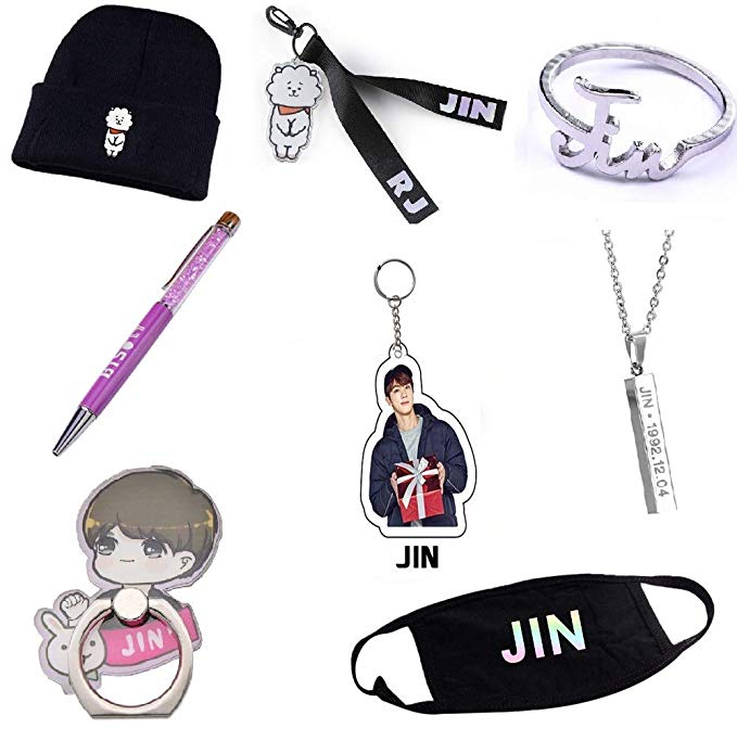 PINGJING 8PCS/Set BTS Bangtan Boys Exquisite Gift Collection with Knitted Cap Key Ring Key Pendant Pen  Mouch Mask Necklace