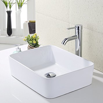 KES Bathroom Vessel Sink and Faucet Combo Bathroom Rectangular White Ceramic Porcelain Counter Top Vanity Bowl Sink Chrome Faucet, BVS110-C1