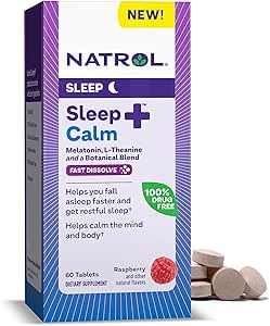 Natrol Sleep   Calm Melatonin 6mg With L-Theanine 50mg and a Botanical Blend, Dietary Supplement for Restful Sleep and a Calm Mind and Body, 60 Raspberry-Flavored Fast Dissolve Tablets, 60 Day Supply