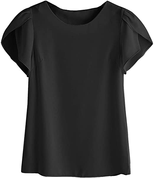 Milumia Women Casual Round Neck Short Split Cup Sleeve Solid Basic Work Blouse Shirt Tops